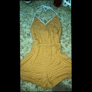 Forever 21 yellow and white striped halter v neck romper. size medium
